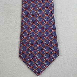 Hermes Paris Tie Mens Purple Orange Horn Knot Print Silk Made in France 7039 TA